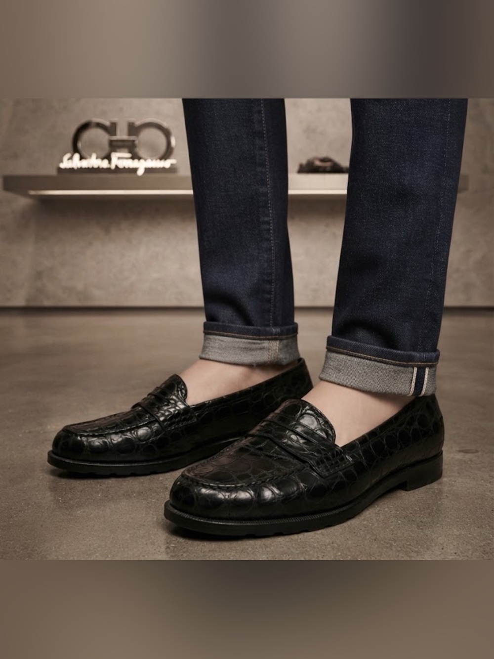 Authentic Salvatore Ferragamo luxury designer black embossed leather loafer 6.5